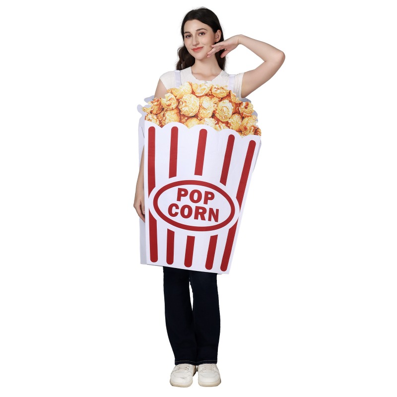 Popcorn - 新しいハロウィンコスプレコスチューム 面白いポップコーン柄デジタルプリントジャンプスーツ カーニバルテーマパーティー ロールプレイング衣装 大人用ユニセックス