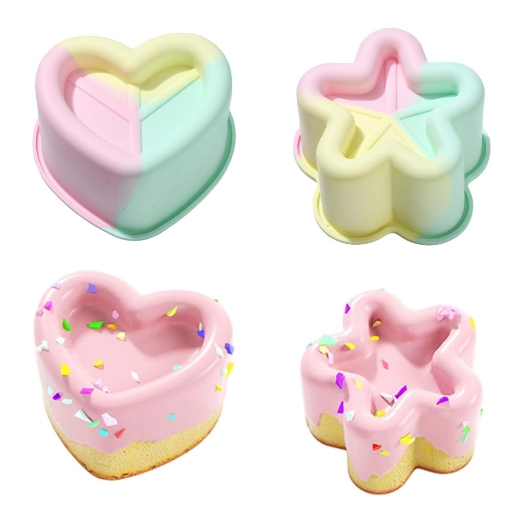 Chocolate Snack - ハート＆スターシェイプシリコン製ベーキングモールド、ゼリープディングチョコレートスナック用4種類の多目的トレイ、ケーキ型シリコンモールド