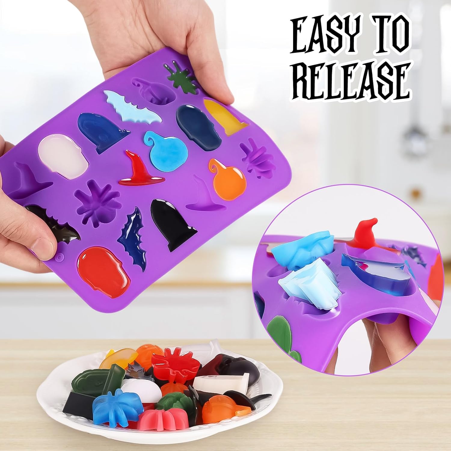 Gummy Candy - ハロウィンチョコレートシリコンモールド、パンプキンゴースト魔女帽子コウモリ蜘蛛の形をしたキャンディグミモールド、グミゼリーデザート作り用