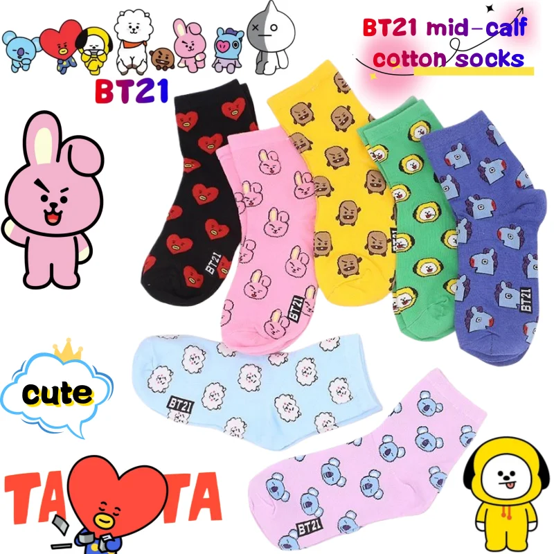 Cookies Pack - BT21、コヤ、RJ、クッキー、シューキー、タタ。ミドル丈の靴下。クリエイティブでハイファッションなアニメ風のプリント。カップル向け。秋・冬に暖かく履ける長めの靴下。