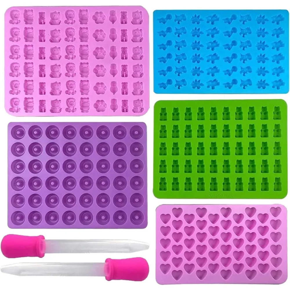 Gummy Candy - 5 個のキャンディシリコンモールド 2 ドロッパーセット付きキャンディグミモールドゼリートレイモールドセット再利用可能なキャンディベーキングモールドキッチンツール